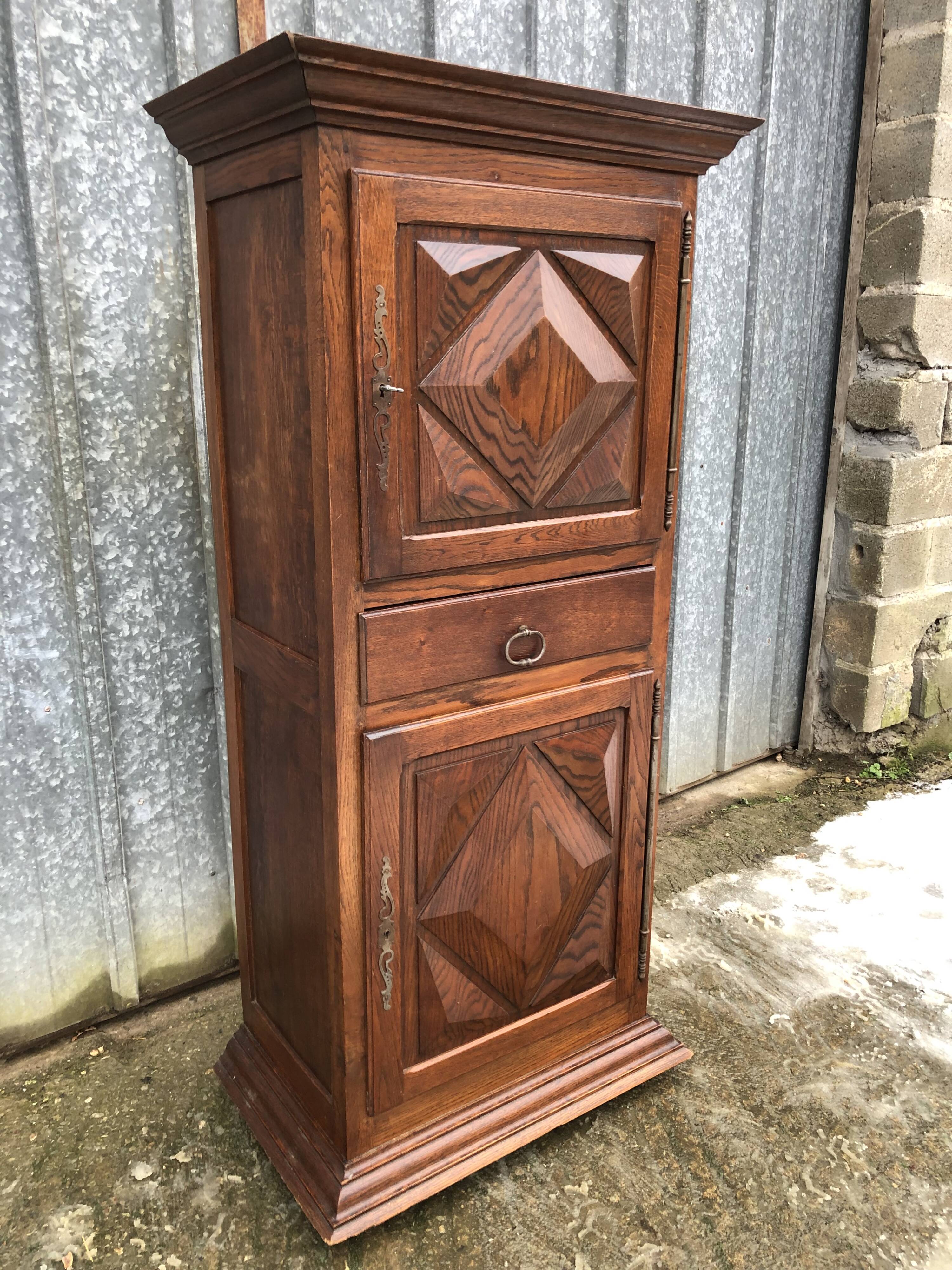 Solid oak wardrobe with 2 doors and 1 drawer in neo Louis XIII style.