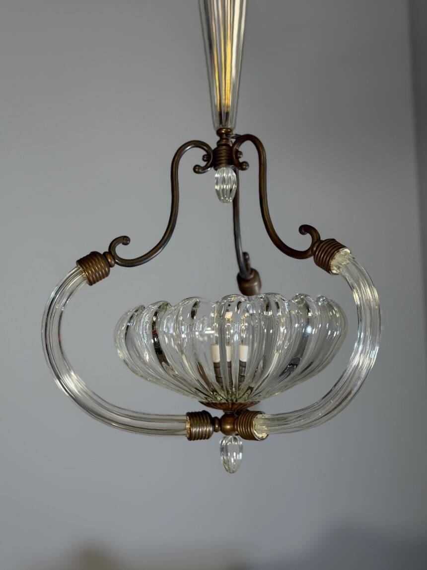 Lustre vénitien en verre de Murano et laiton, vers 1950