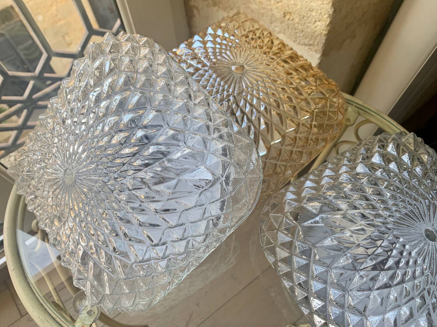 3 vintage chiseled glass ceiling lights 1950-1960
