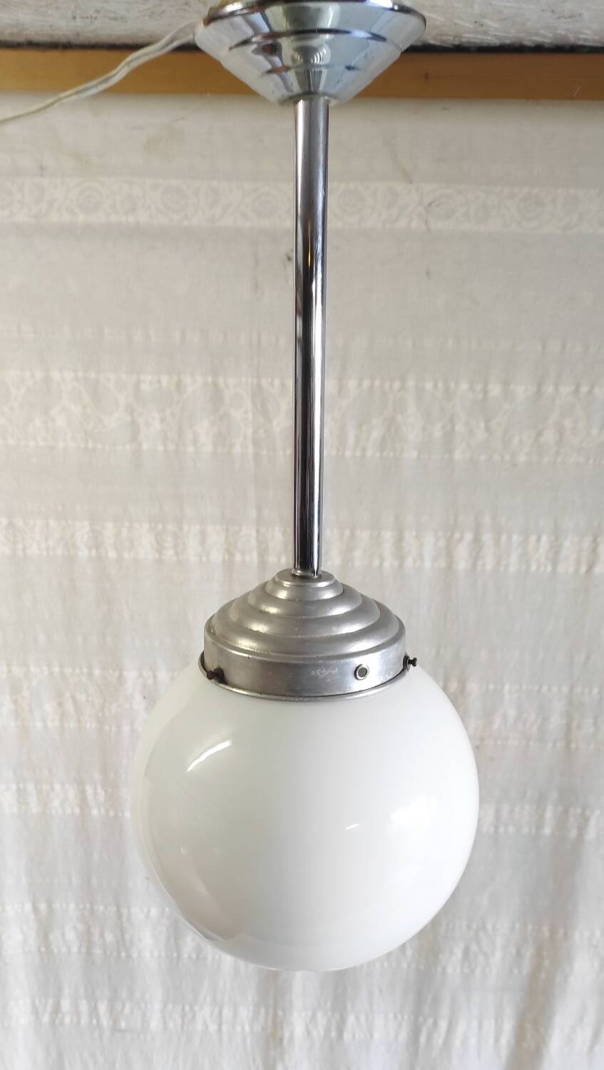 Opaline globe industrial pendant light - mid. 20th century