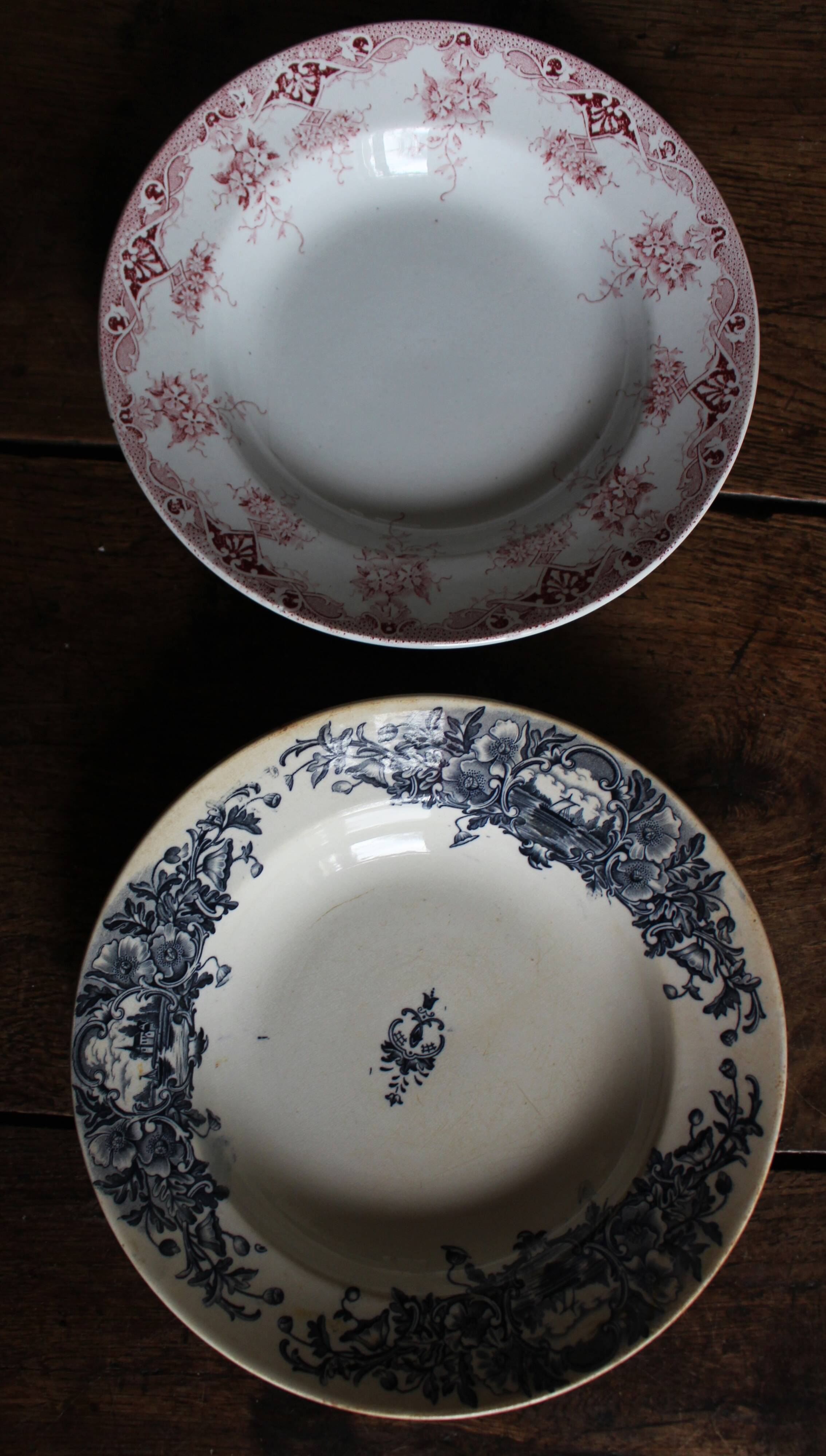 6 mismatched Terre de Fer soup plates from Digoin Sarreguemines