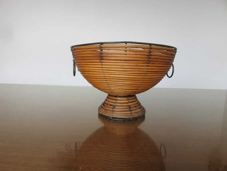 Standing fruit basket in rattan and black lacquered metal 1970