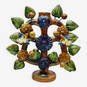 Vintage Tree Of Life Mexico Mexican Candlestick In Glazed Terracotta