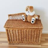 Antique rattan and wicker toy chest, bench, bed end