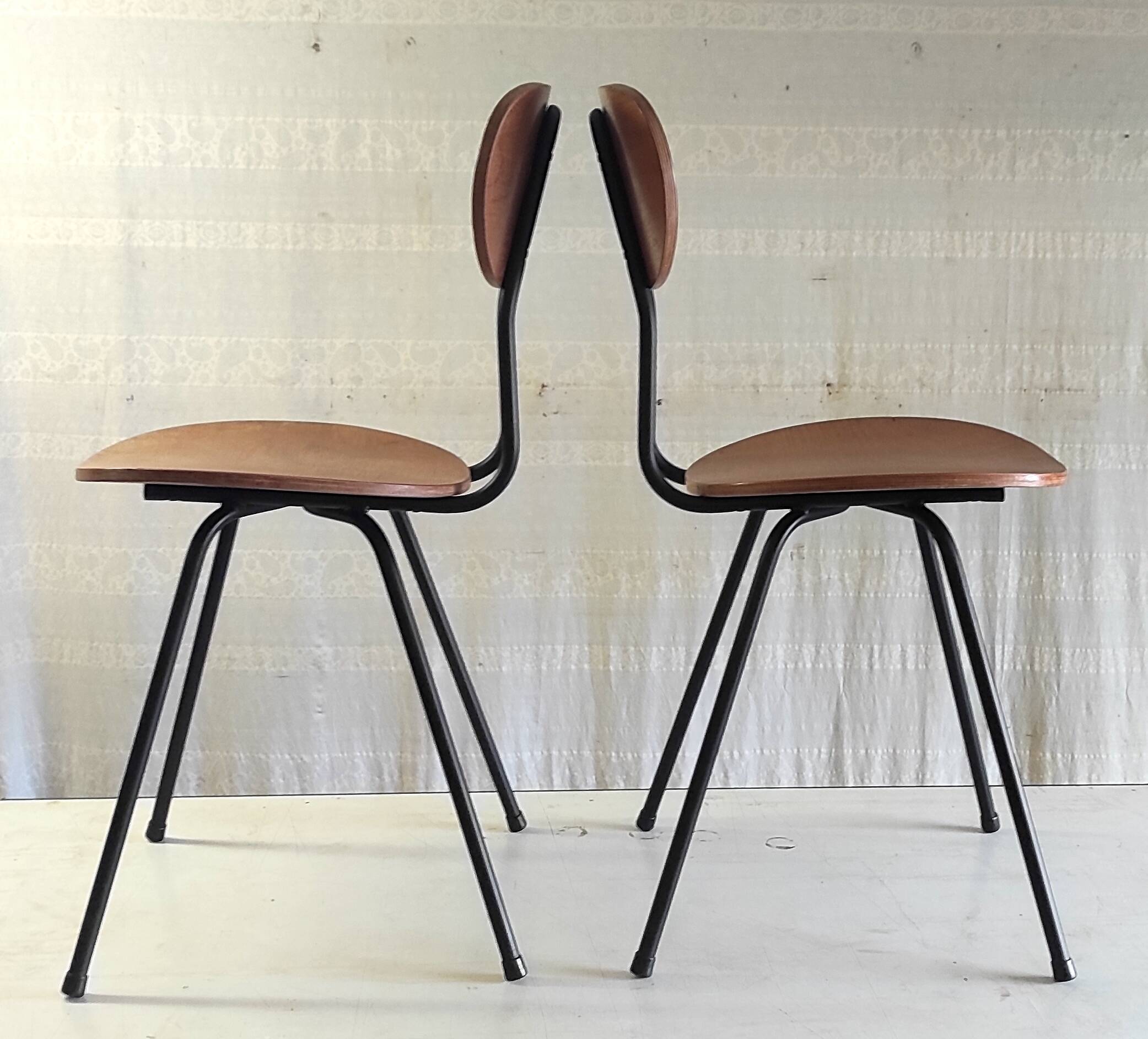 Pair of designer metal and wood chairs - 1950s
