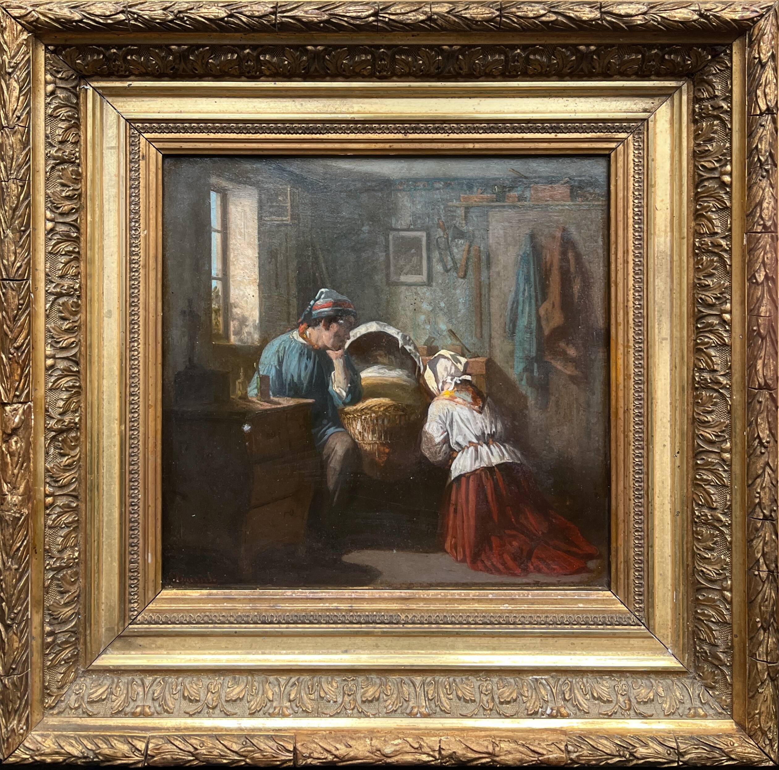 Tableau, huile sur panneau "L'emerveillement" Charles Édouard ELMERICH (1813-1889)