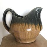 Vintage pitcher in glazed stoneware with bluish drip effect signed and numbered