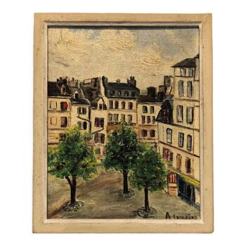 Old painting oil painting landscape of an old town square, signed A.Lemaire, framed.