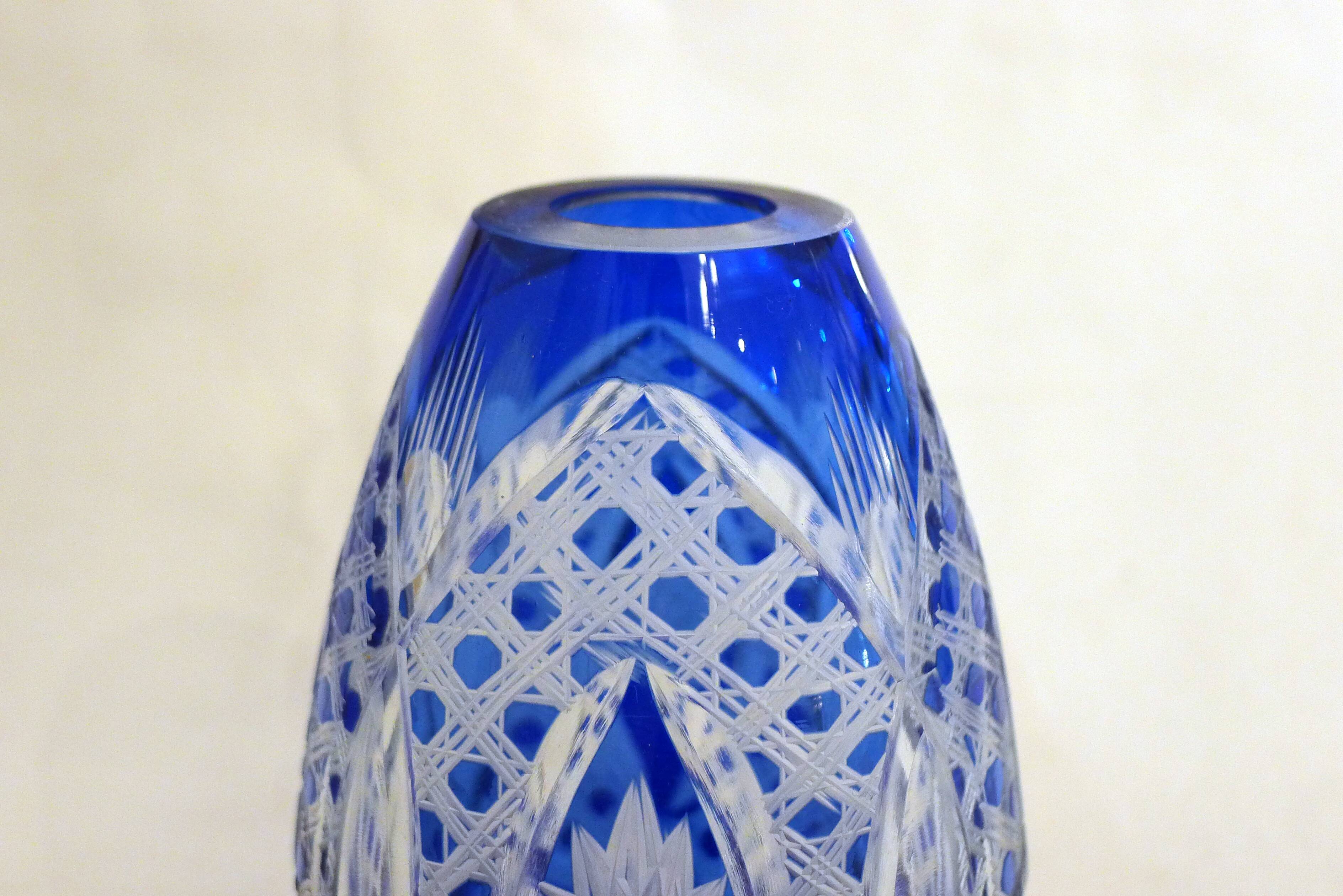 Small Bohemian crystal vase, cut with cobalt lining