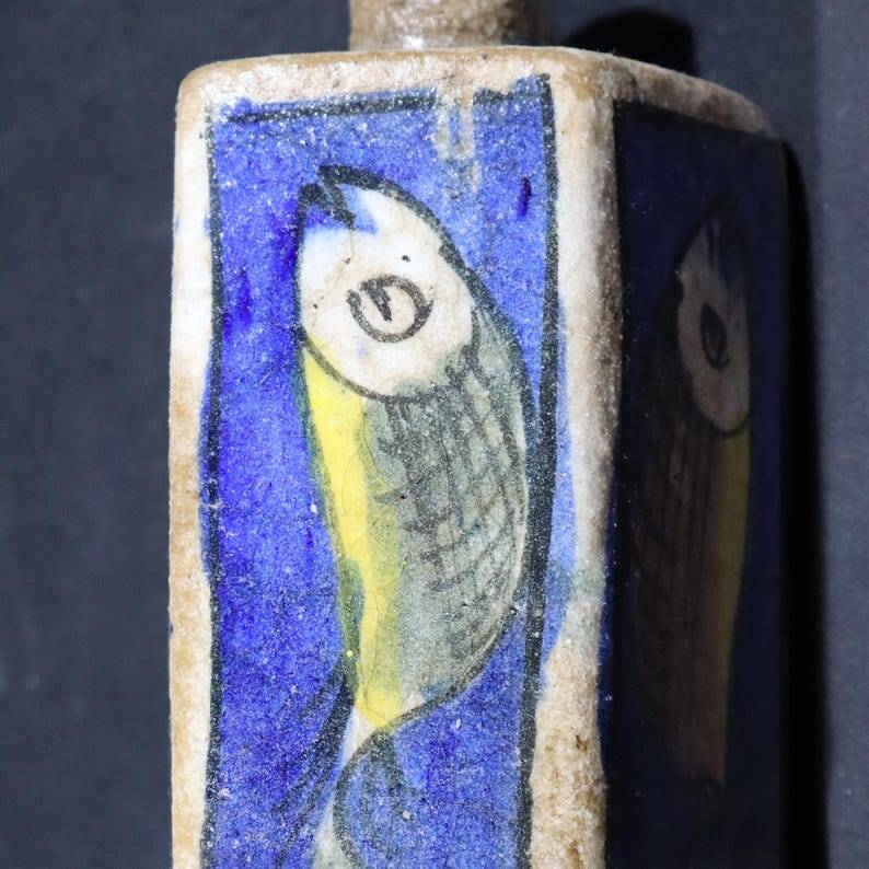 Antique Qajar Pottery Fish Vase Glazed Ceramic Hand Painted Antique Tea Bottle
