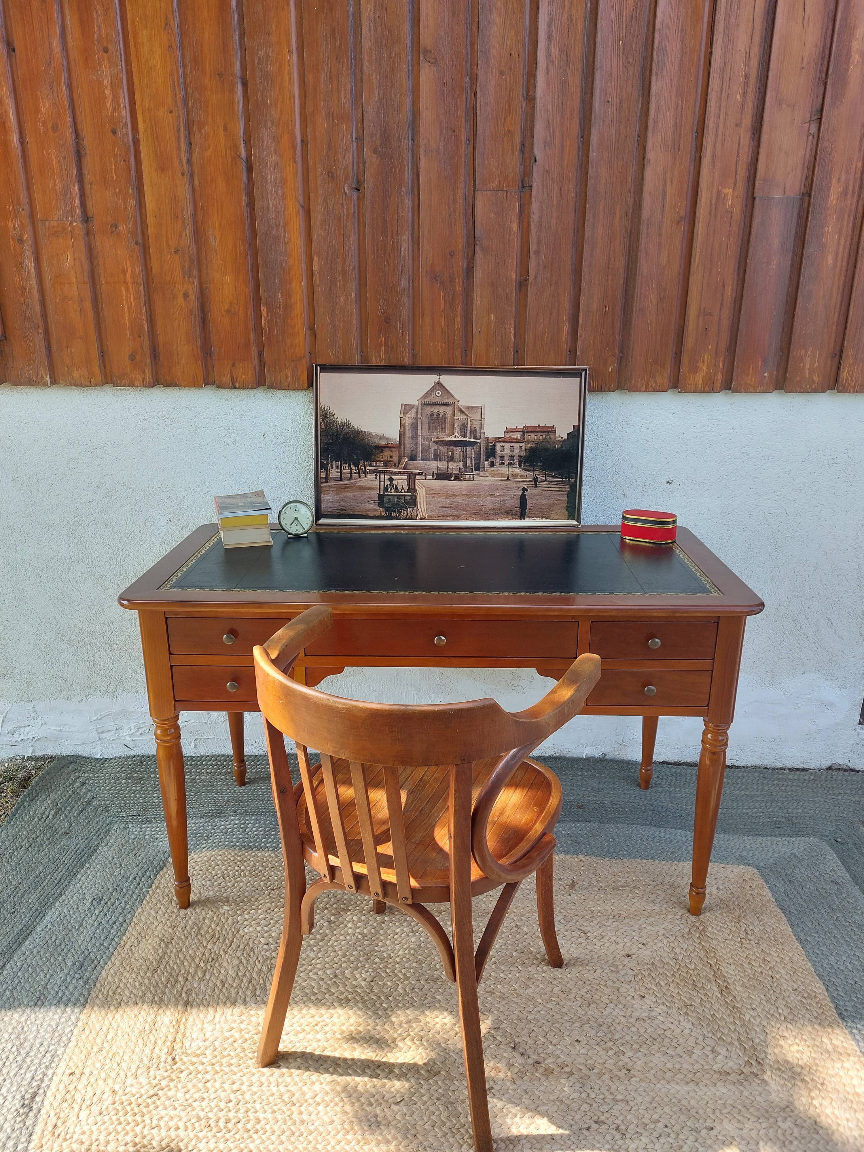 Desk, black leather top