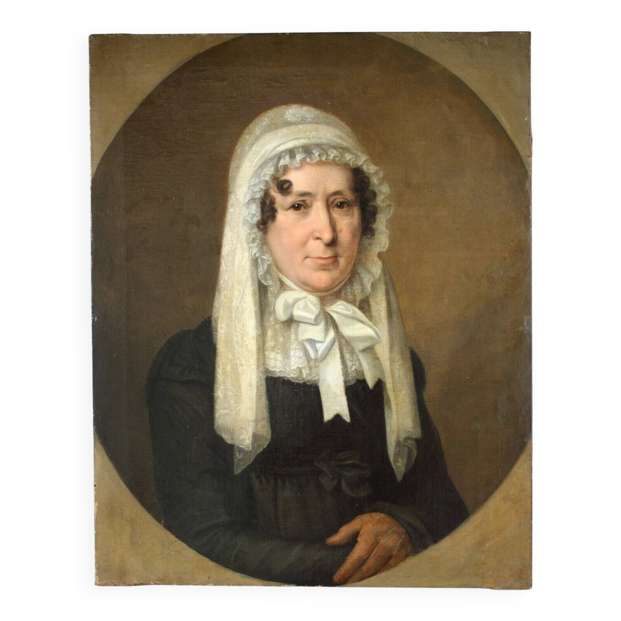 19th Century Portrait of Lady W/A White Bonnet-Oil Painting
