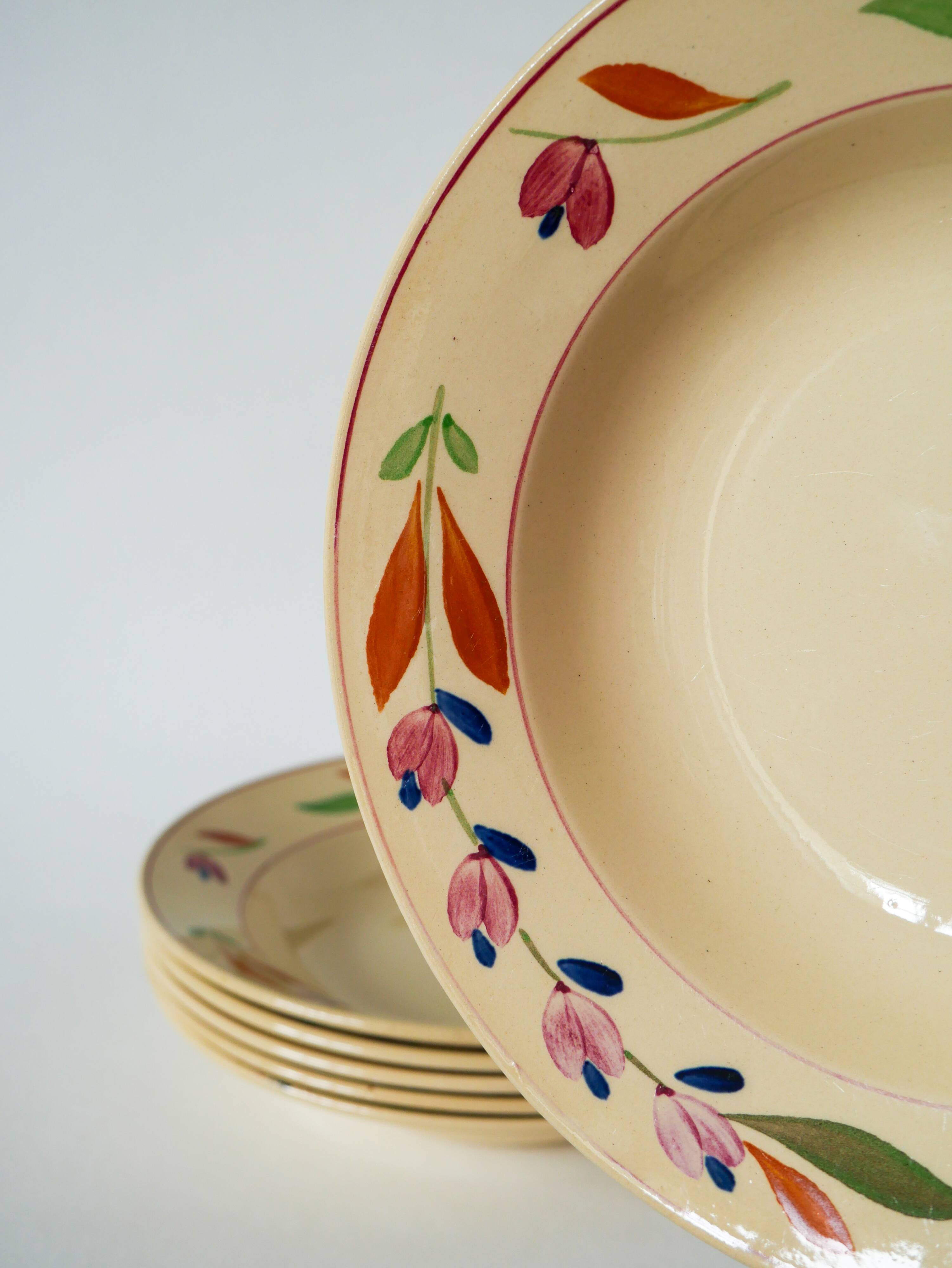 Set of 6 Gien flower soup plates, “Jeannine” model, 1940