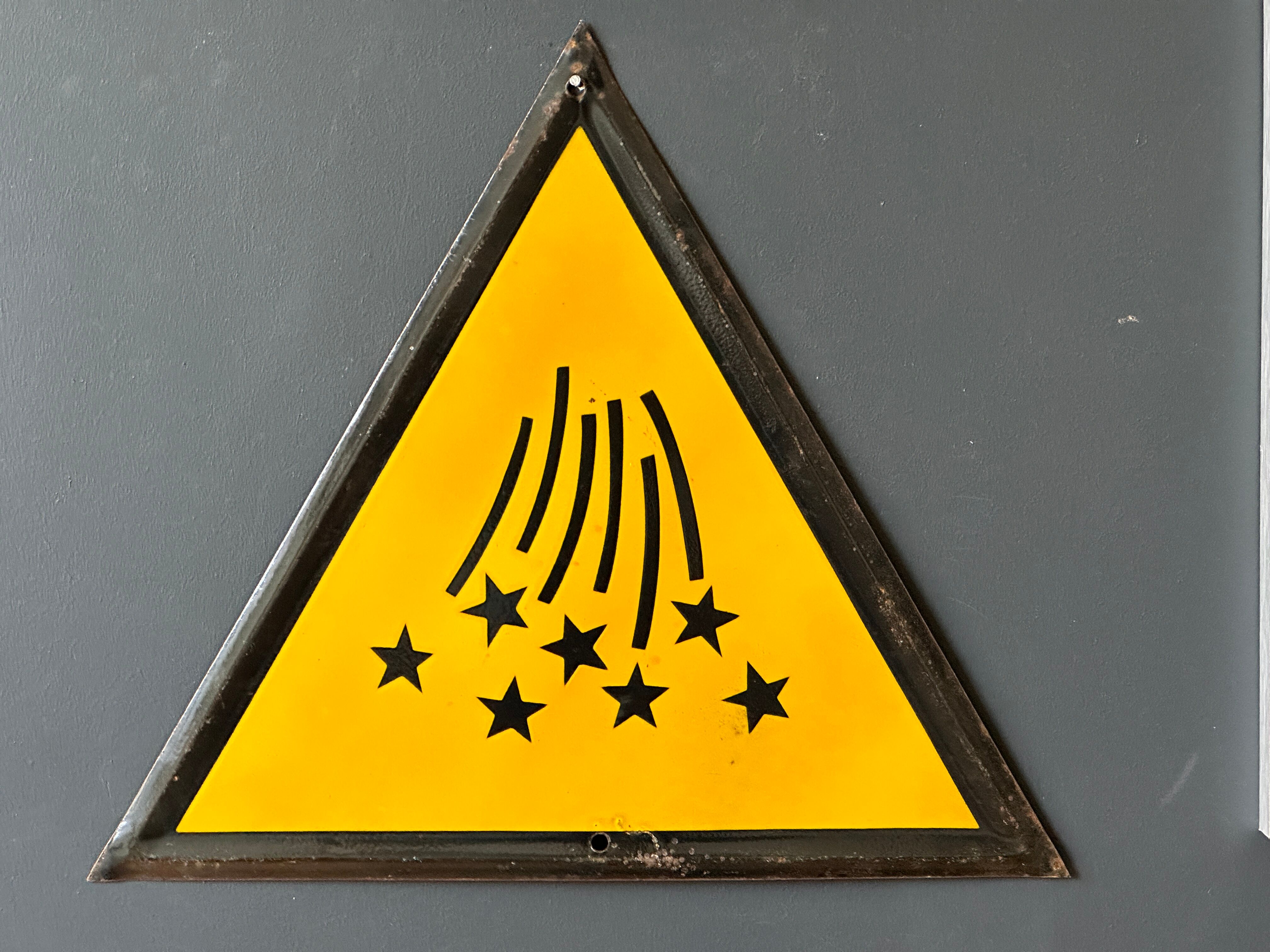 Stars yellow warning sign vintage european 1980's industrial big enamel