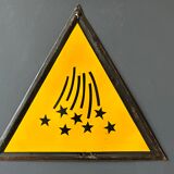 Stars yellow warning sign vintage european 1980's industrial big enamel
