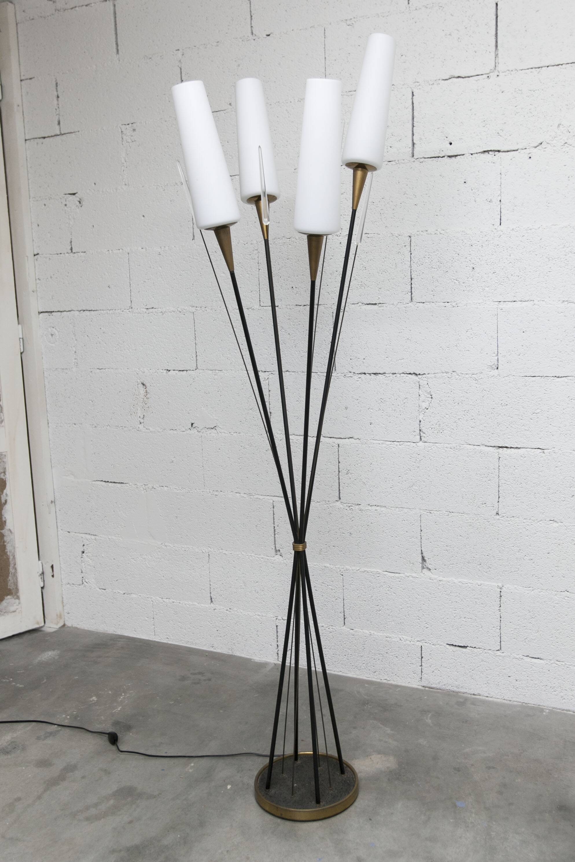 Floor lamp by René Mathieu for Maison Lunel 1950, brass and opaline.