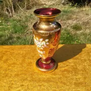 Bohemian Crystal Emerald Red/Rosa Vase with 24K Gold Encrusted Floral Desig