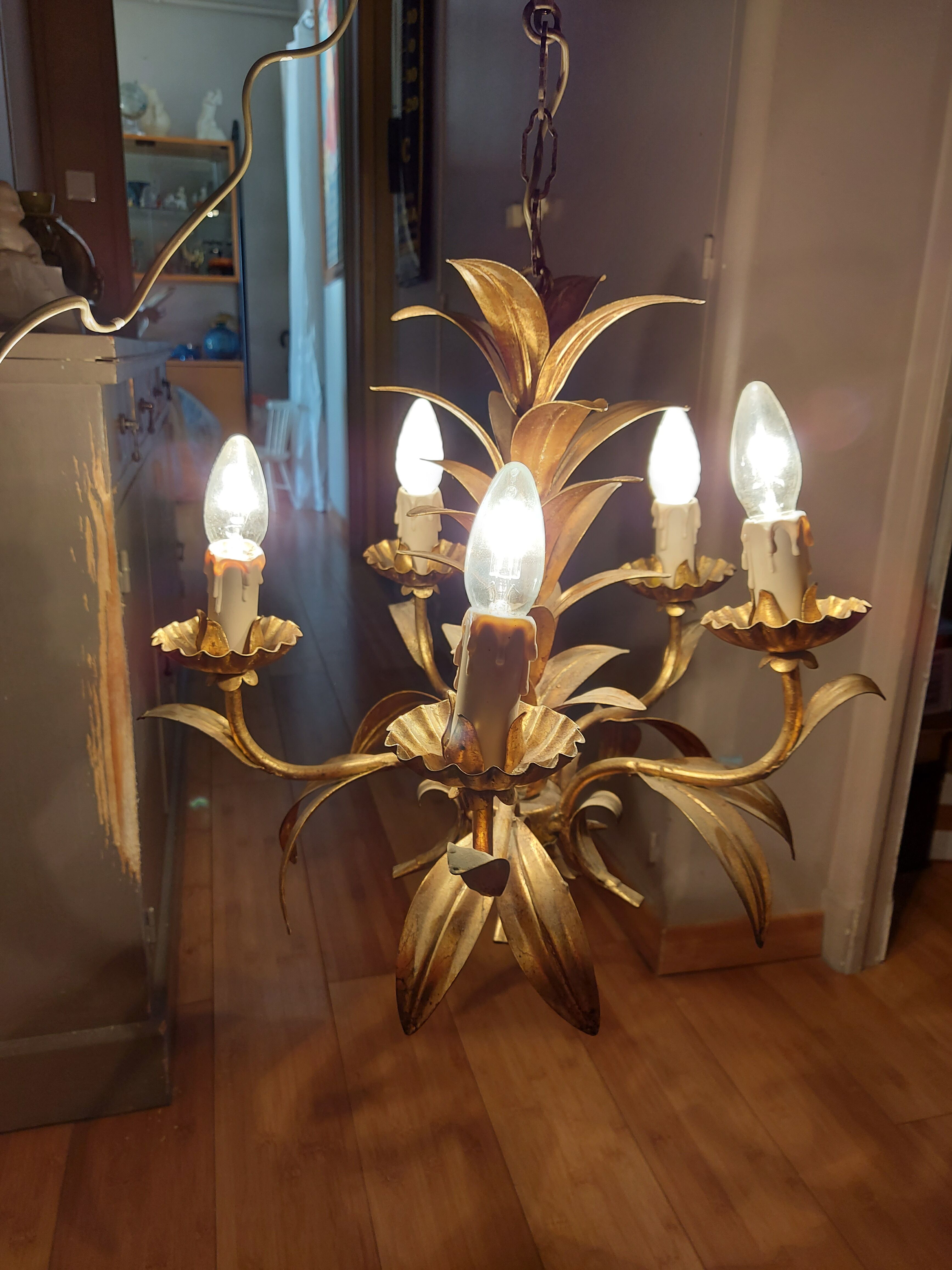 Chandelier gilded metal leaves by Hans Kogl, 1970's