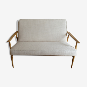 Two-seater sofa wood and Scandinavian beige fabric