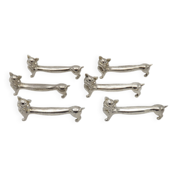 Set of 6 Silver Metal French Vintage Cutlery Rests Elongated Cat Design