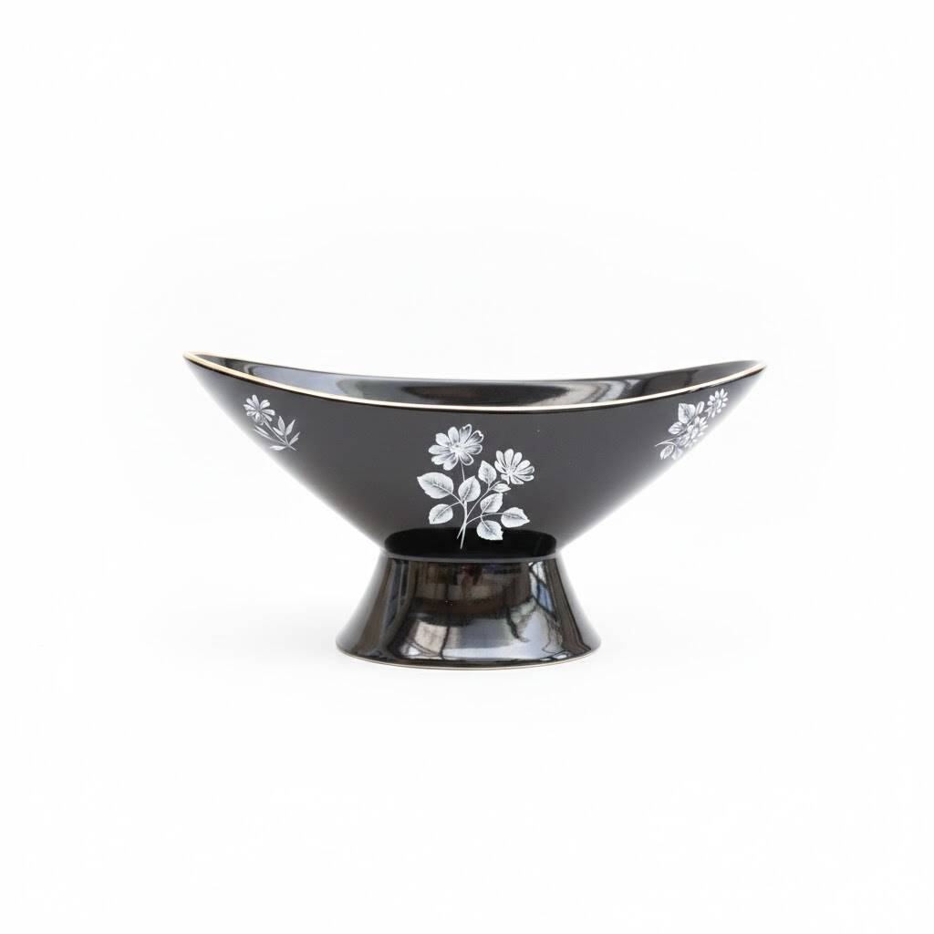Vintage Wade Black boat vase with floral pattern and metal stand