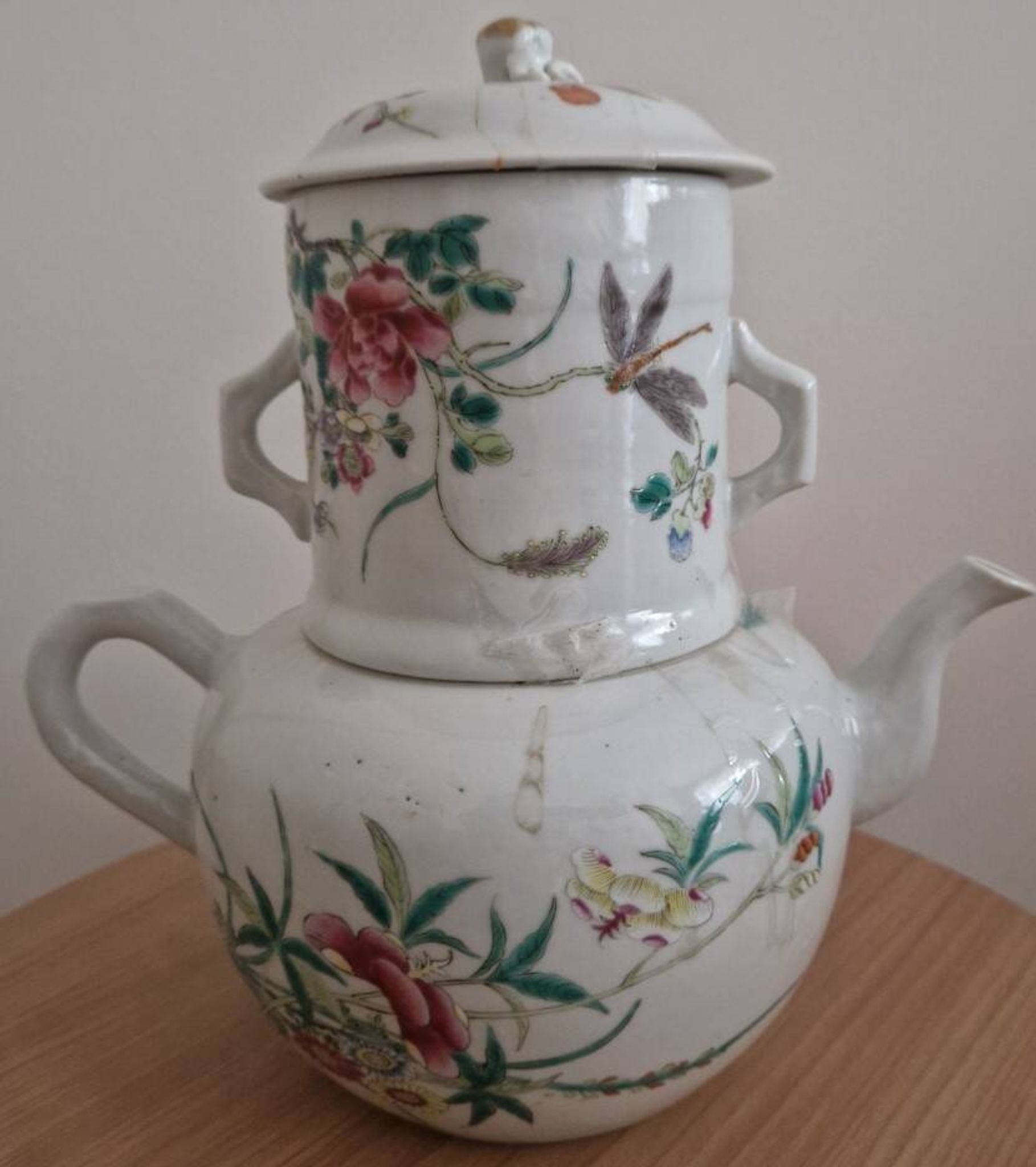 Antique Chinese enameled porcelain teapot with famille rose decoration