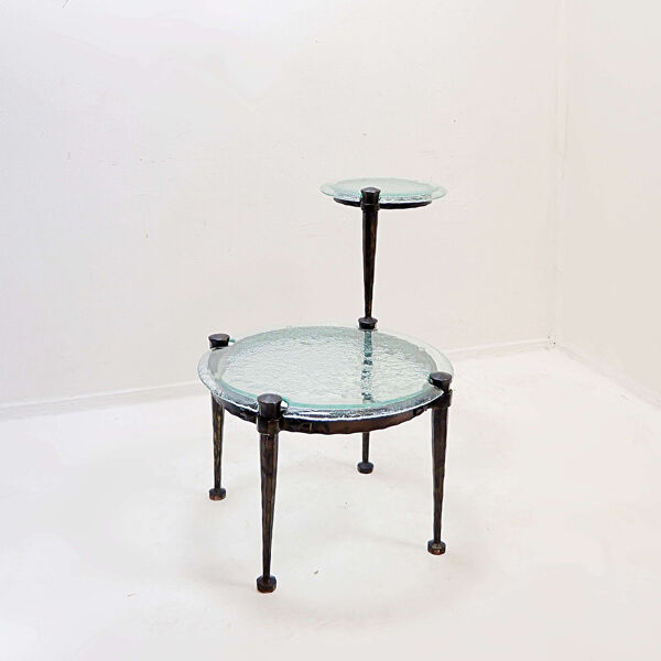 Table d'appoint ronde en fer forgé avec verre texturé - Années 1980