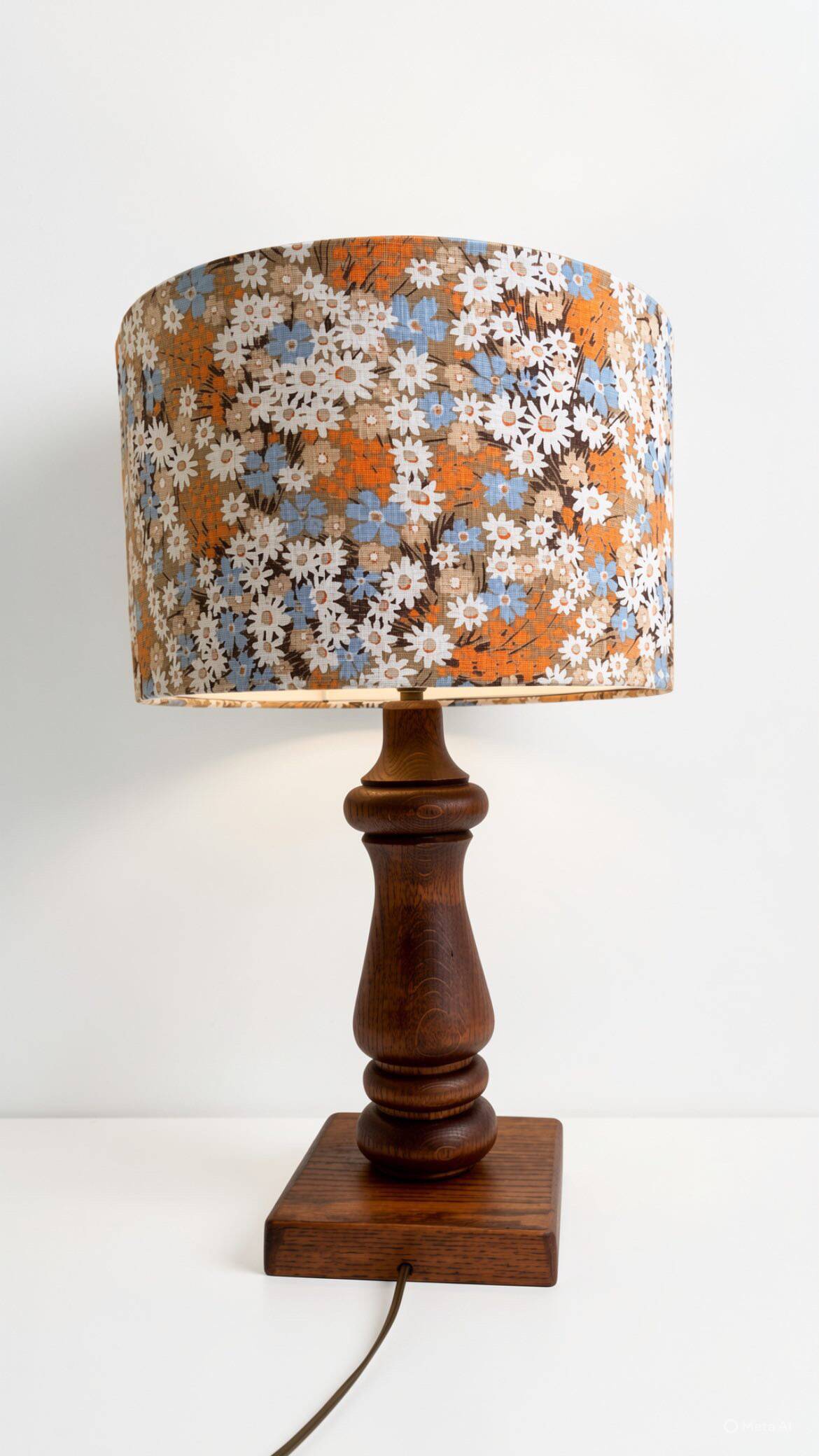 Vintage turned wood table lamp with floral drum shade.