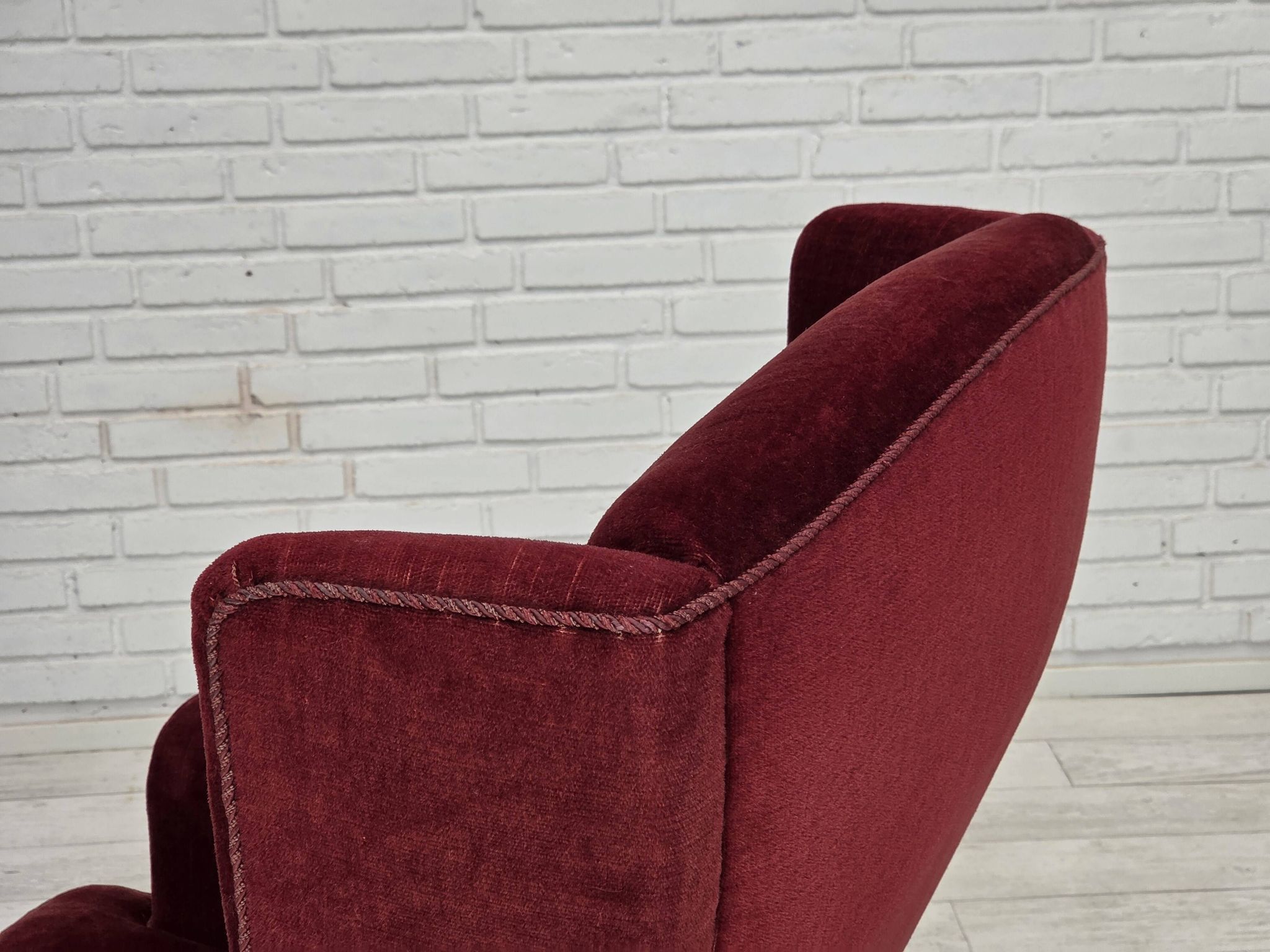 1970s, Danish highback chair, cherry-red furniture velour, ash wood legs.