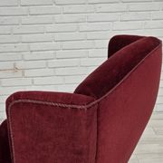 1970s, Danish highback chair, cherry-red furniture velour, ash wood legs.