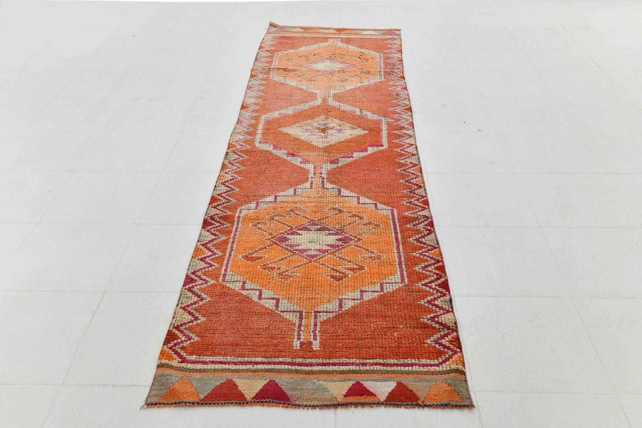 3x11 Runner Coral Red Vintage Runner Rug, Wool Corridor Rug, 94x329Cm