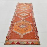 3x11 Runner Coral Red Vintage Runner Rug, Wool Corridor Rug, 94x329Cm