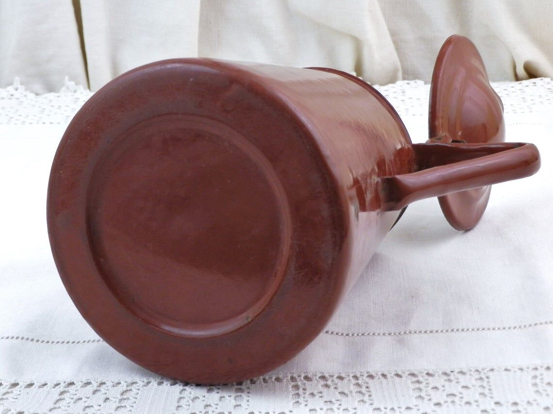 French vintage chocolate brown enamel lidded pitcher