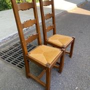 8 wooden dining chairs with straw seats, farmhouse style, high back.