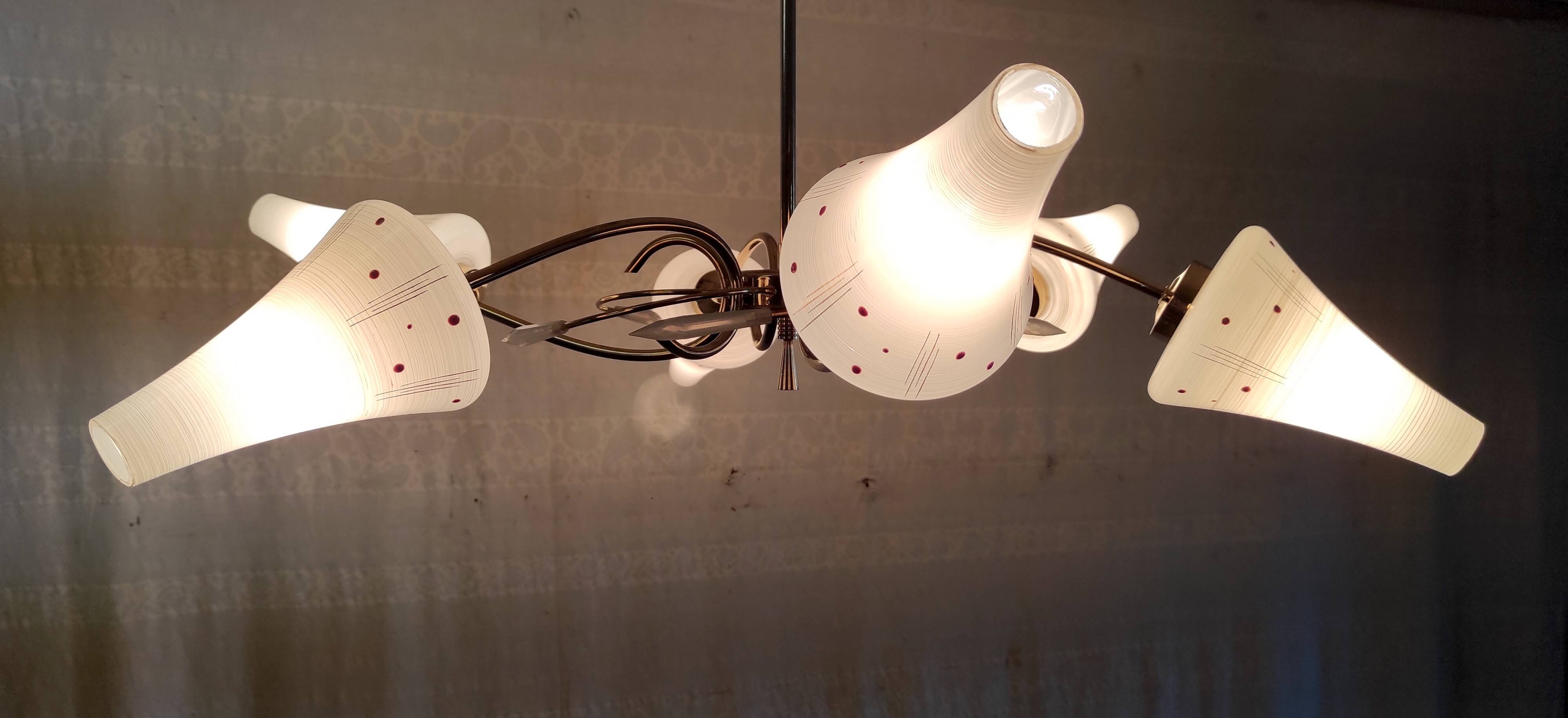 Lustre 6 feux moderniste en laiton doré - années 50/60