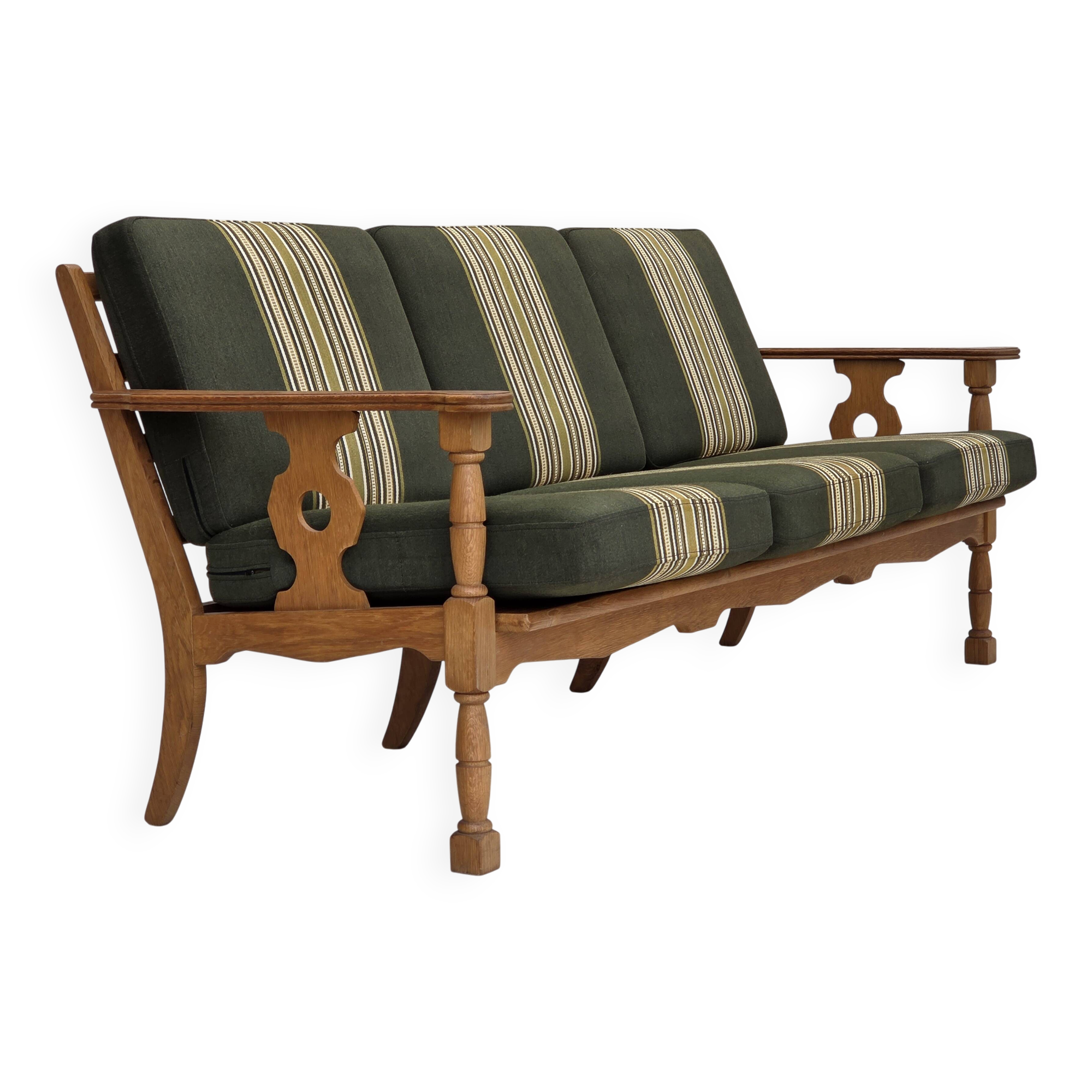 1970s, Danish 3-seater sofa, green furniture wool, solid oak wood.