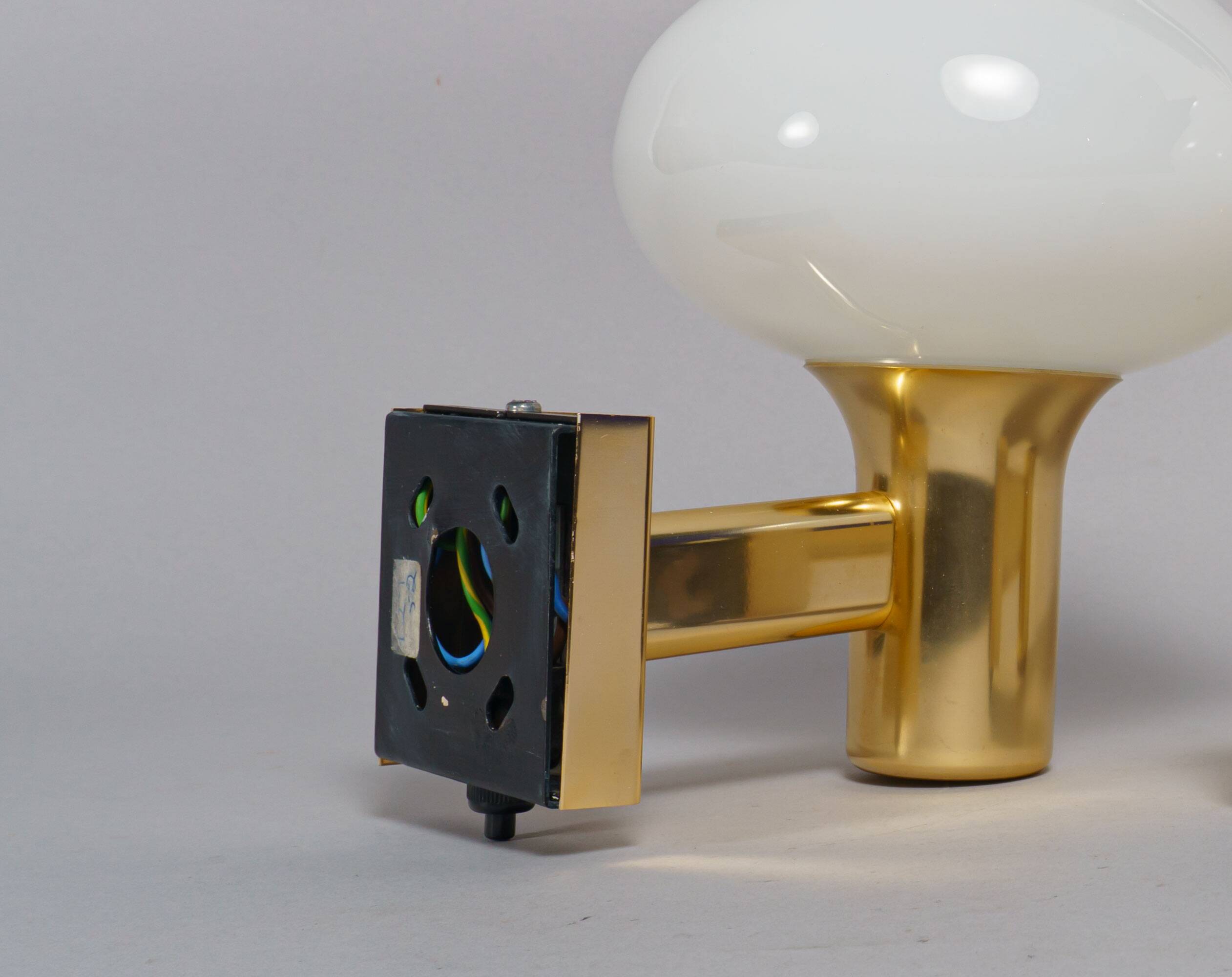 Pair of Vintage 1970s British Gold & Opaline Glass Wall Lamps / Sconces