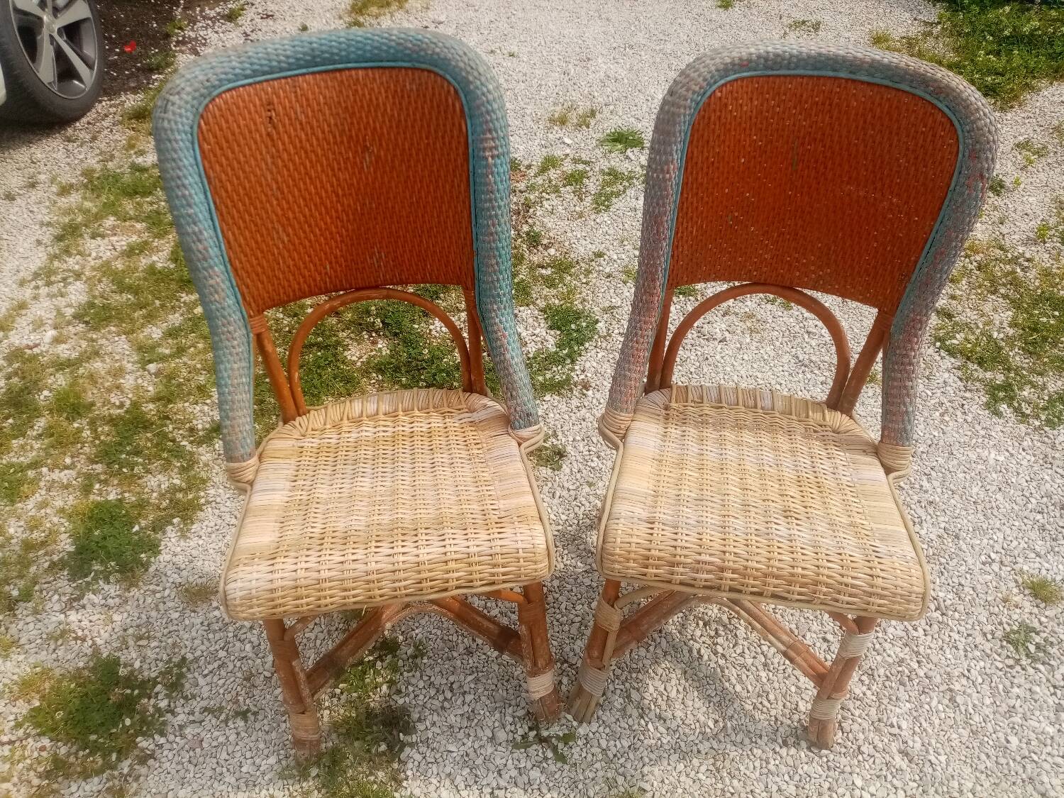 Pair of art deco garden chairs in patinated woven wicker