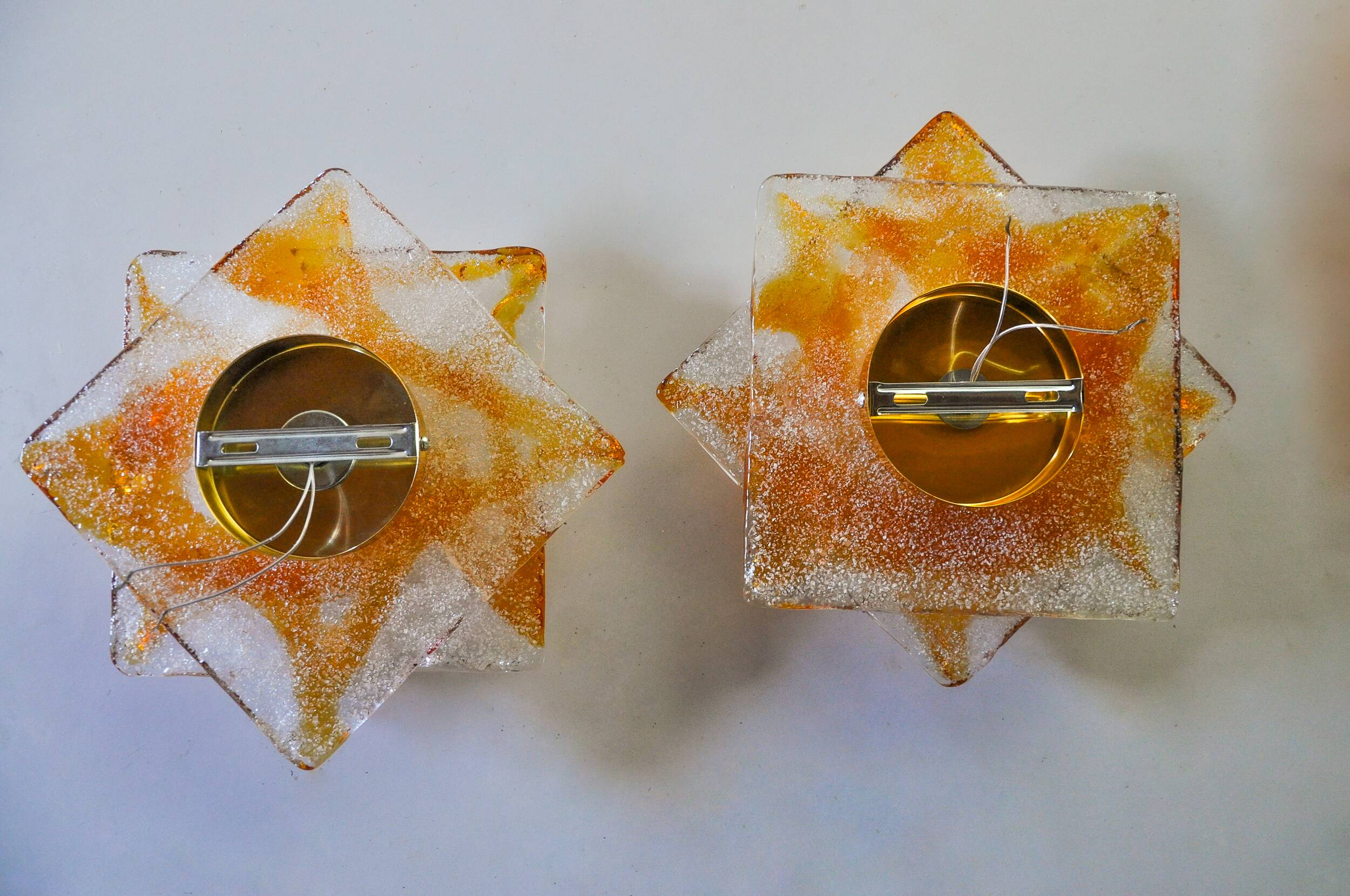 Pair of Murano Mazzega wall lights, orange frosted glass, Italy, 1970