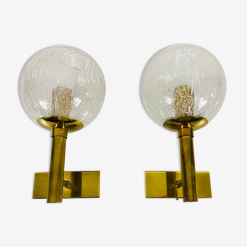 Pair of wall lamps in brass and glass Hillebrand, Germany 1960