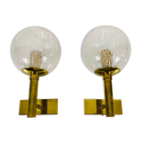 Pair of wall lamps in brass and glass Hillebrand, Germany 1960