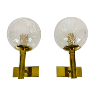 Pair of wall lamps in brass and glass Hillebrand, Germany 1960