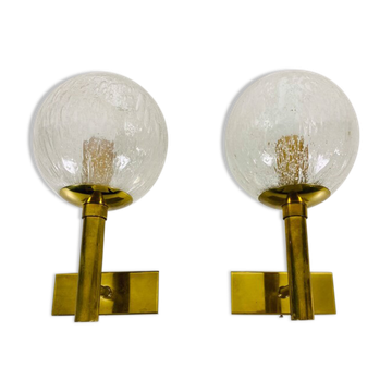 Paire de lampes murales en laiton et verre Hillebrand, Allemagne 1960