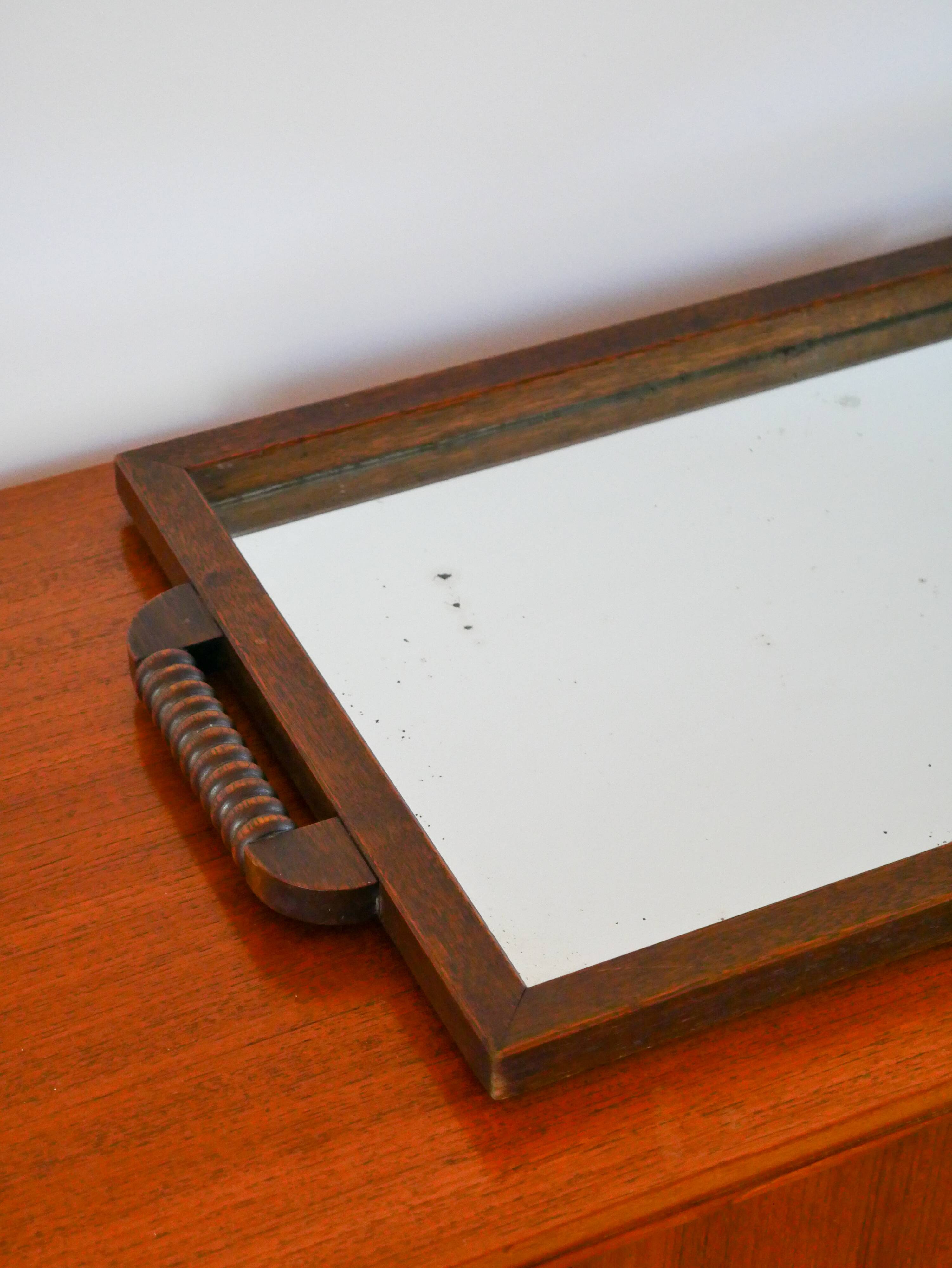 Large wooden mirror tray, turned wooden handles, 1940