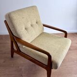 Vintage 80s Scandinavian armchair – wood and beige tweed