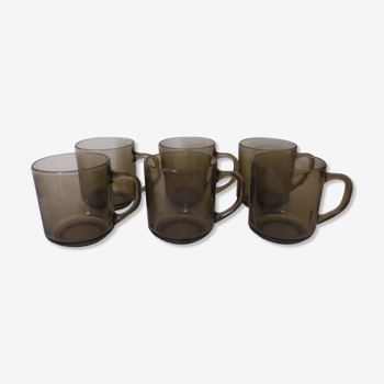 6 mugs en verre transparent fumé marron