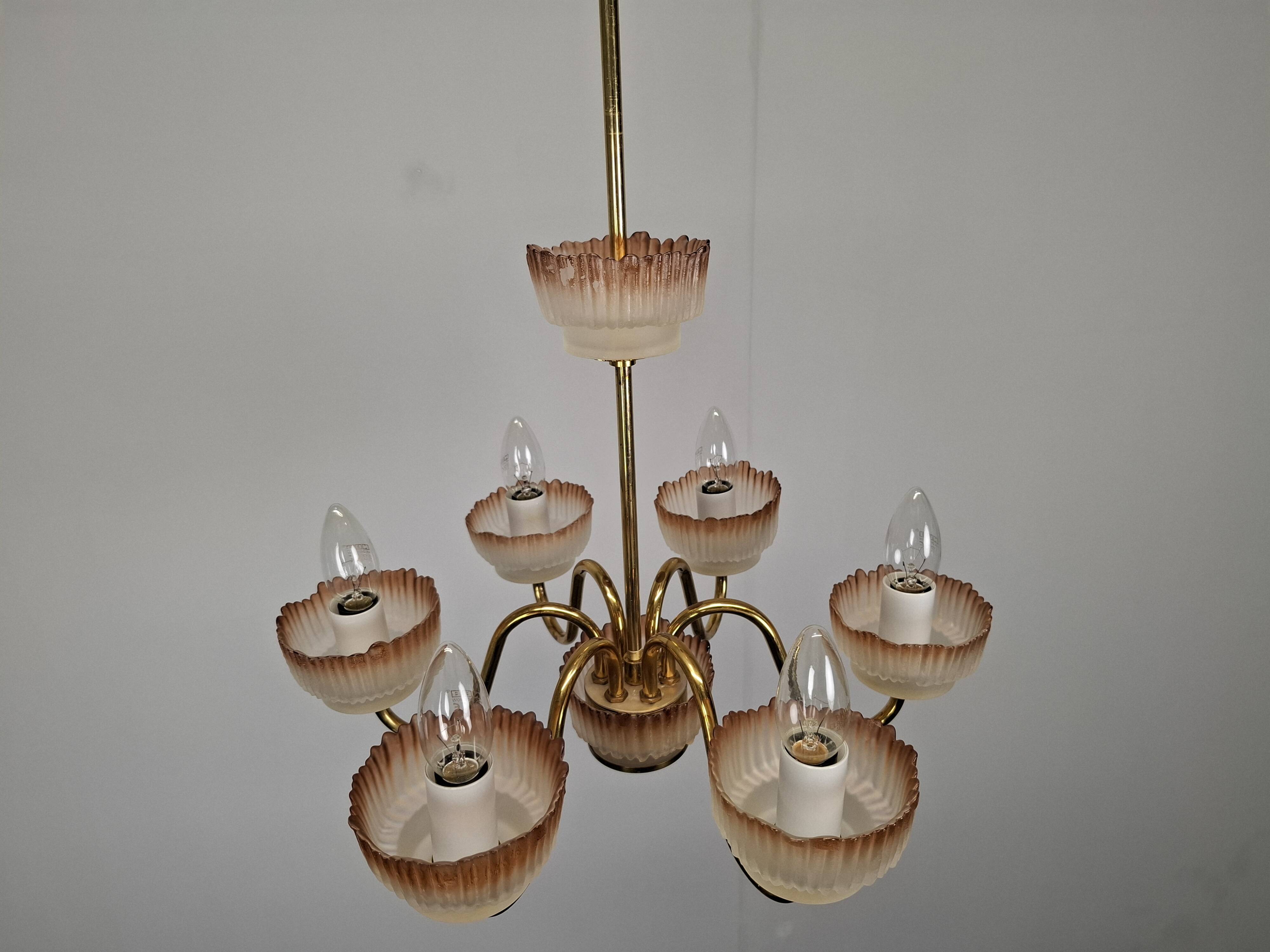 1960s Czech Mid-Century Brass and Železný Brod Frosted Glass Six-Arm Chandelier