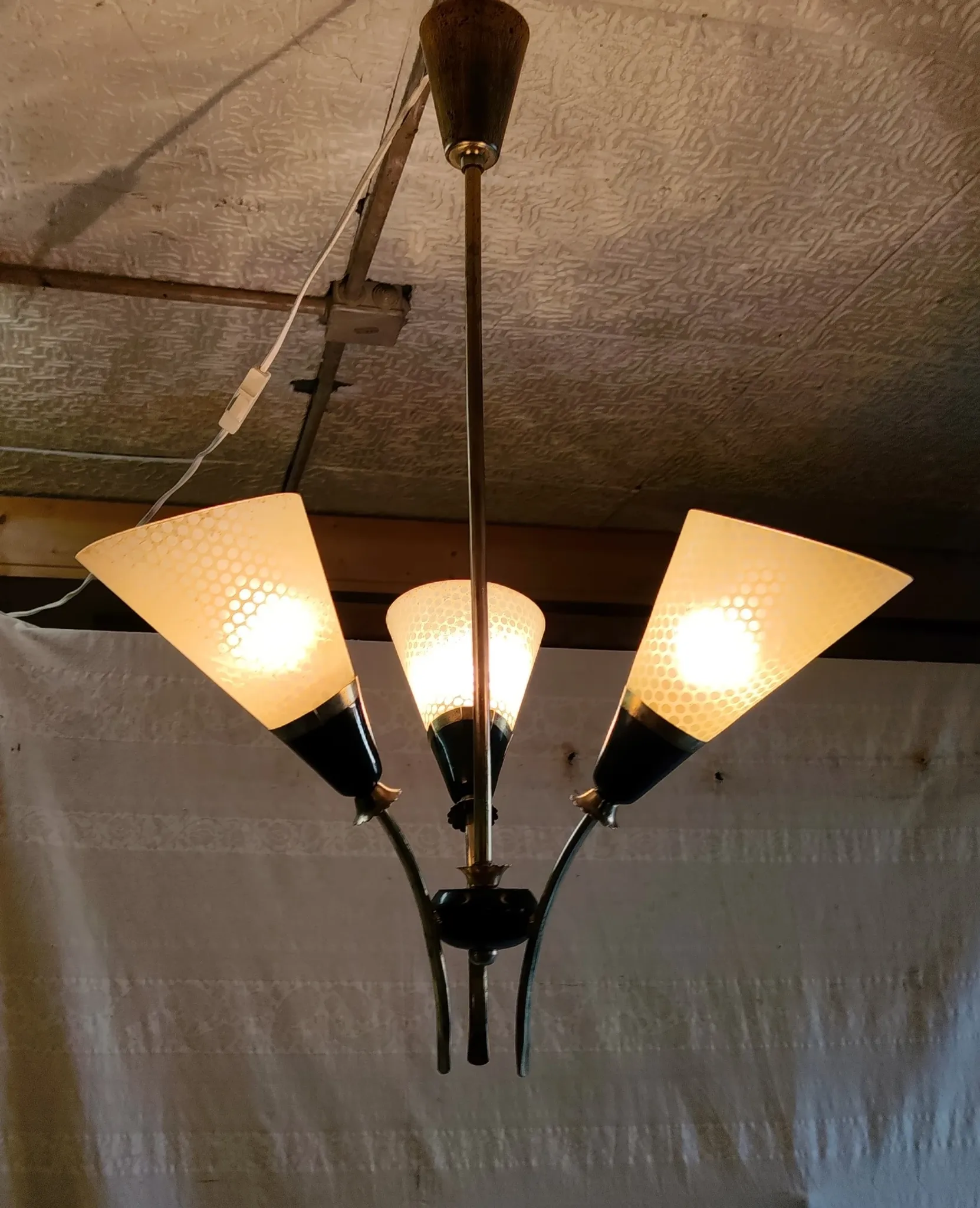 Brass and glass chandelier with 3 lights - 1950s