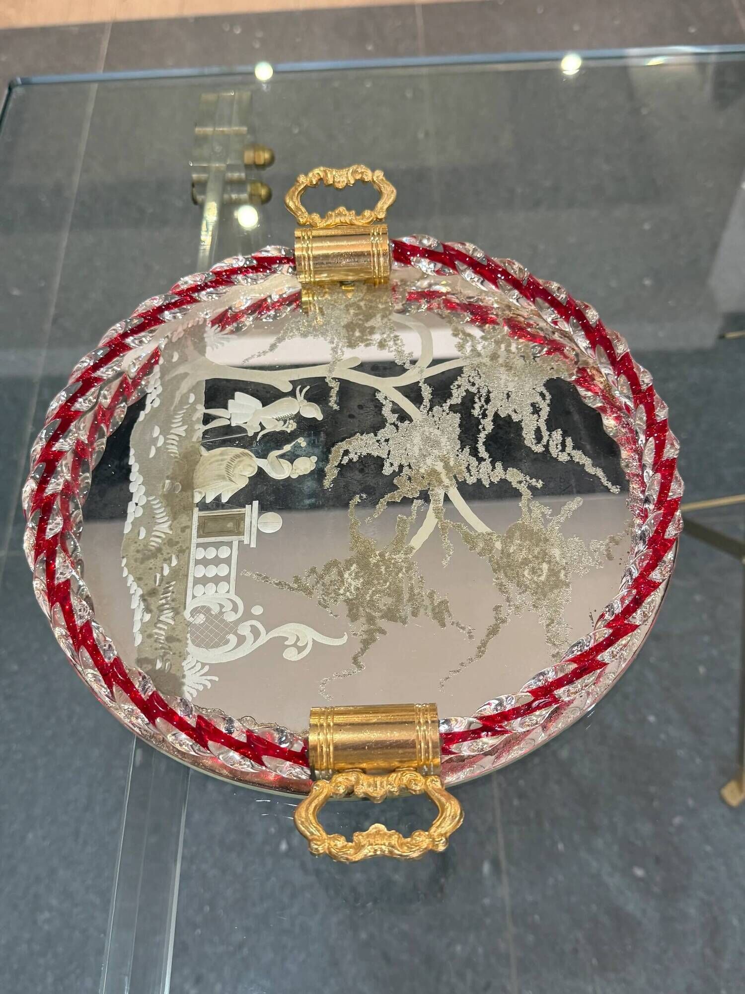 Engraved mirror plateau with twisted red and white glass border, Murano / Venice (c. 1940–1950)