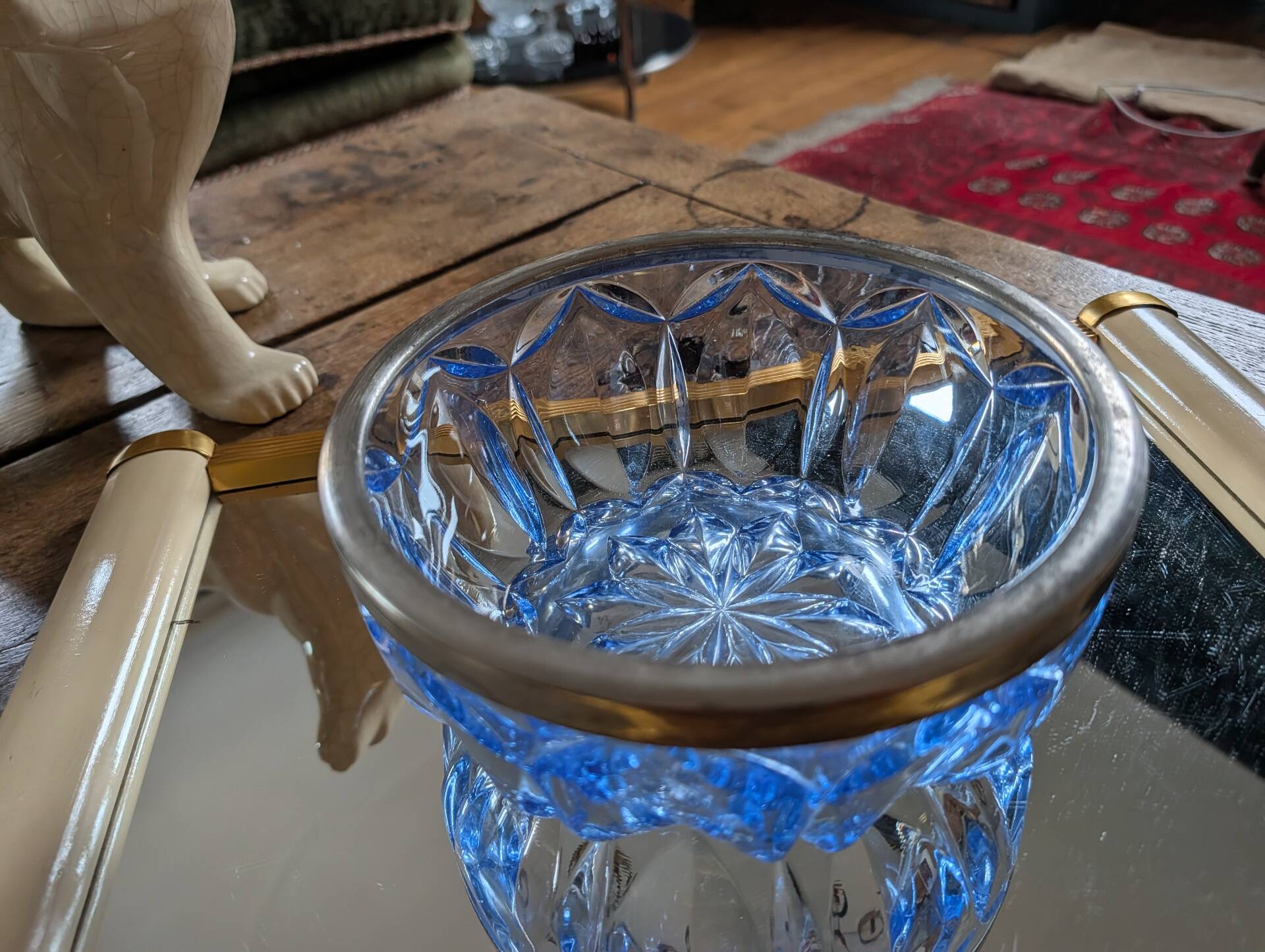 Cut blue glass bowl, silver-plated rim – 1950s-1970s